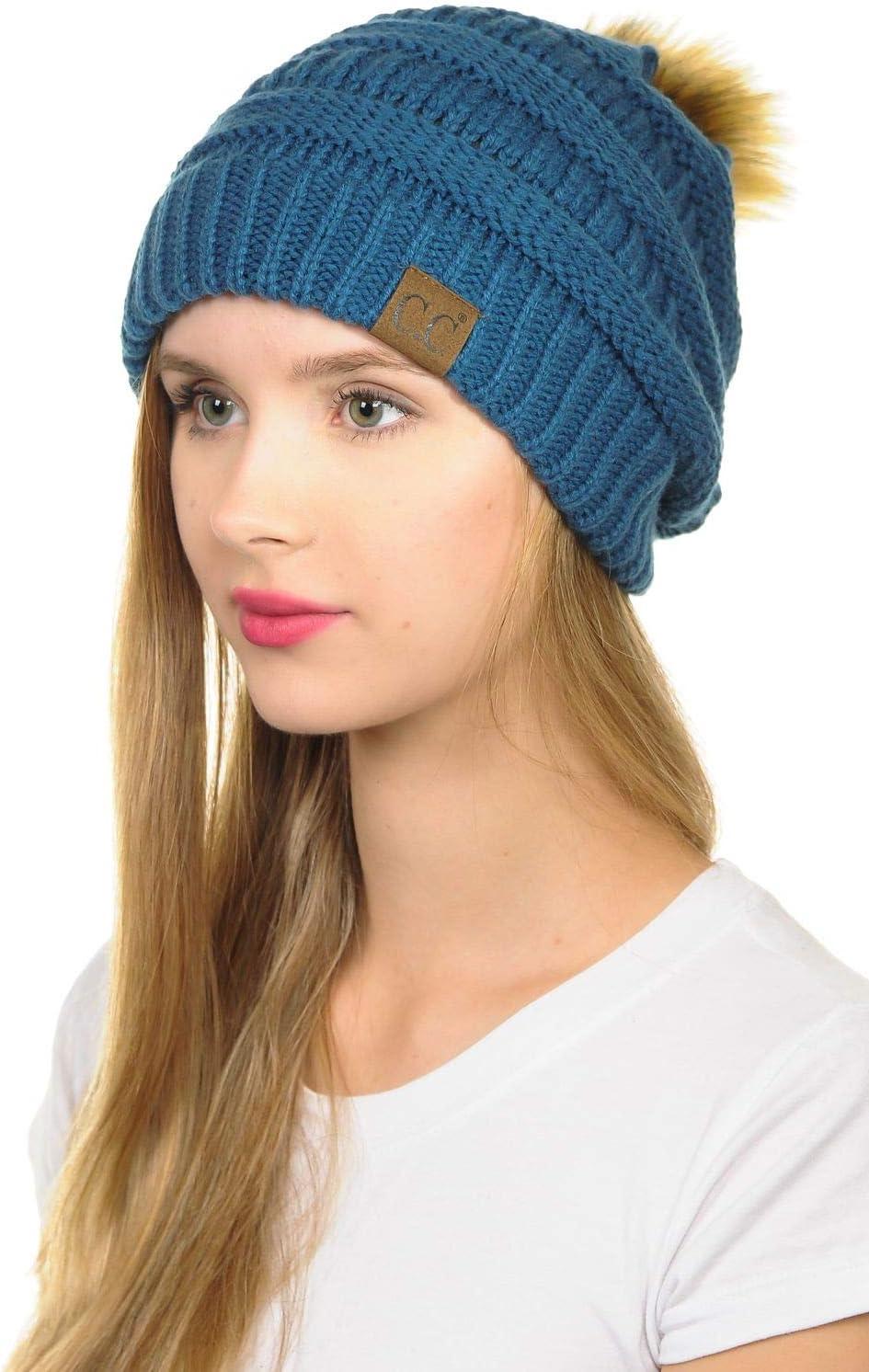imageCC Hat43 Thick Warm Cap Hat Skully Faux Fur Pom Pom Cable Knit Beanie 2 PackDark Denim