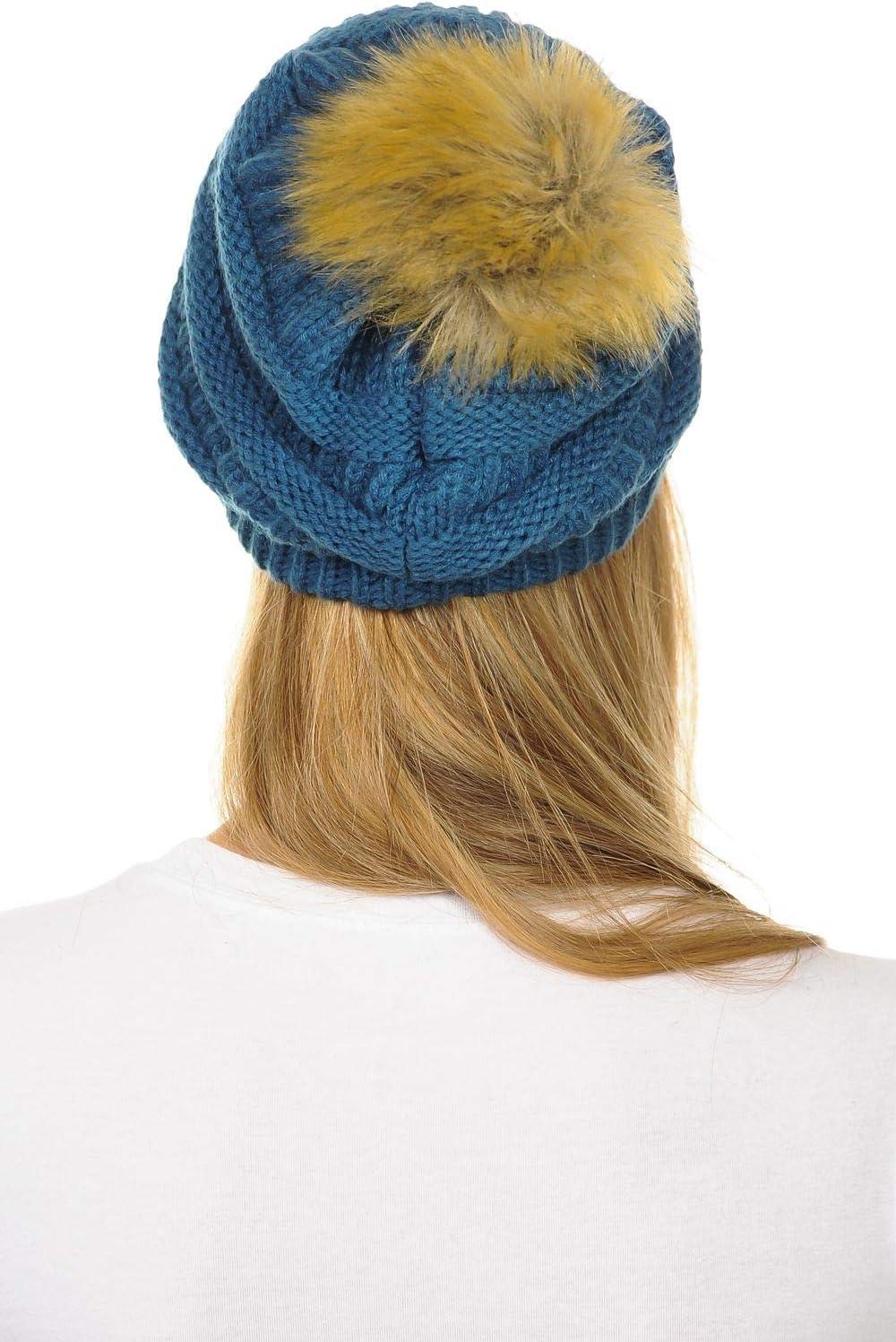 imageCC Hat43 Thick Warm Cap Hat Skully Faux Fur Pom Pom Cable Knit Beanie 2 PackDark Denim