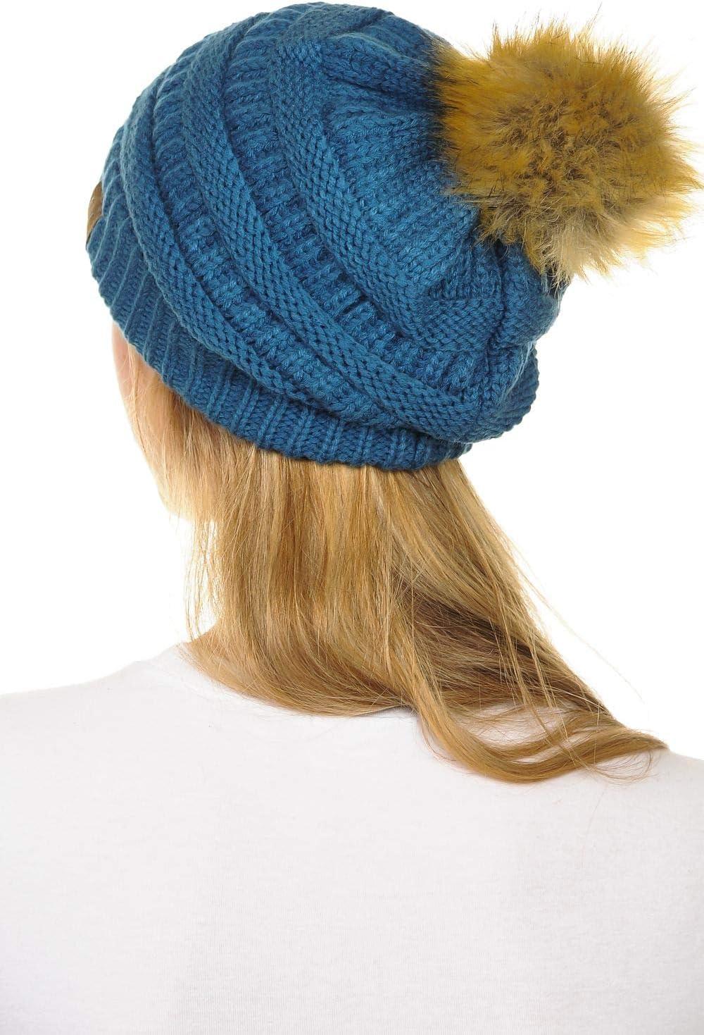 imageCC Hat43 Thick Warm Cap Hat Skully Faux Fur Pom Pom Cable Knit Beanie 2 PackDark Denim