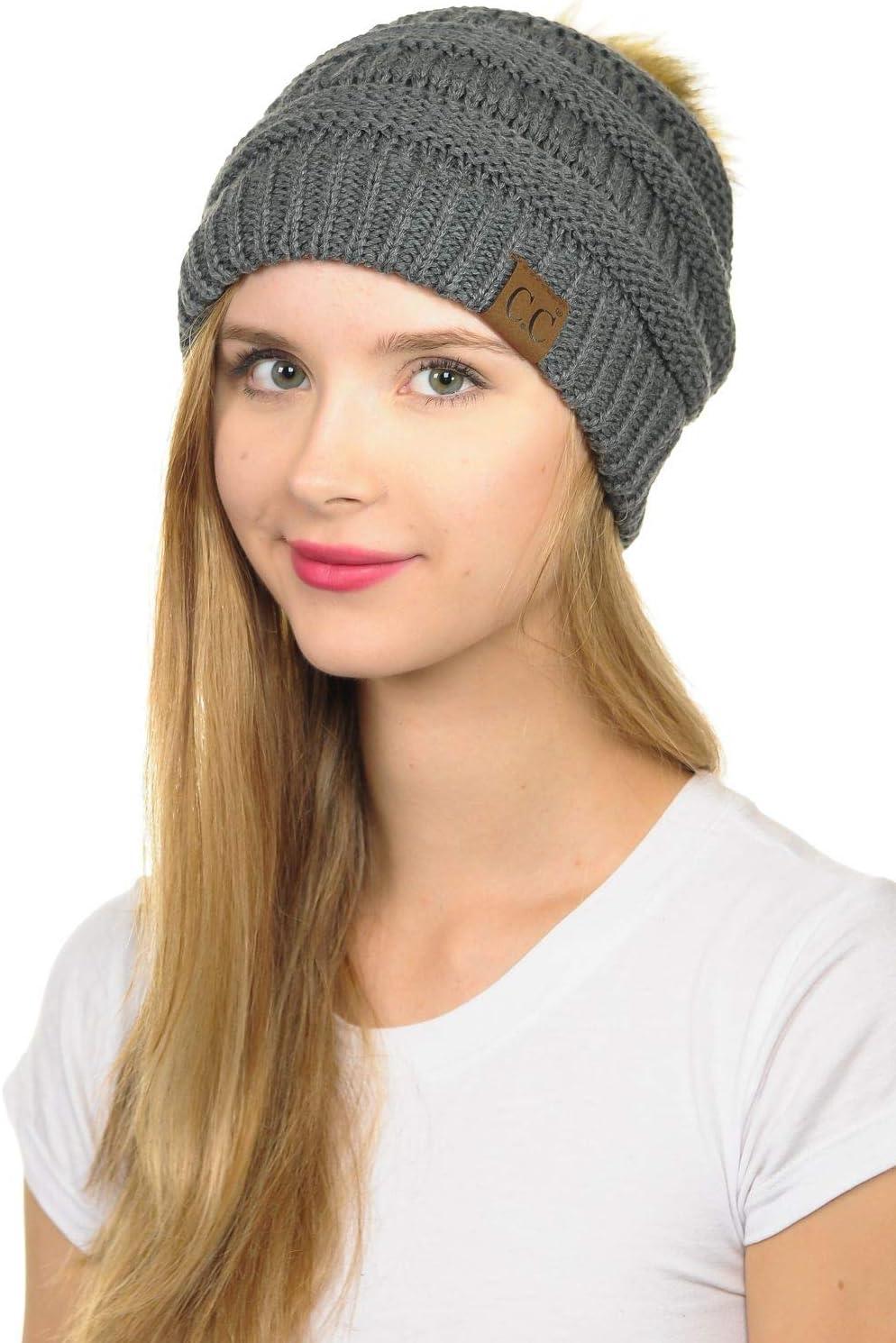 imageCC Hat43 Thick Warm Cap Hat Skully Faux Fur Pom Pom Cable Knit Beanie 2 PackDark Melange