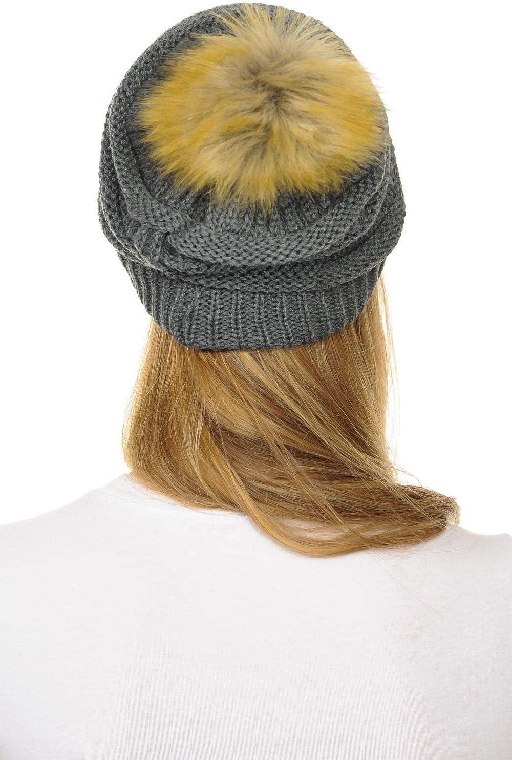 imageCC Hat43 Thick Warm Cap Hat Skully Faux Fur Pom Pom Cable Knit Beanie 2 PackDark Melange
