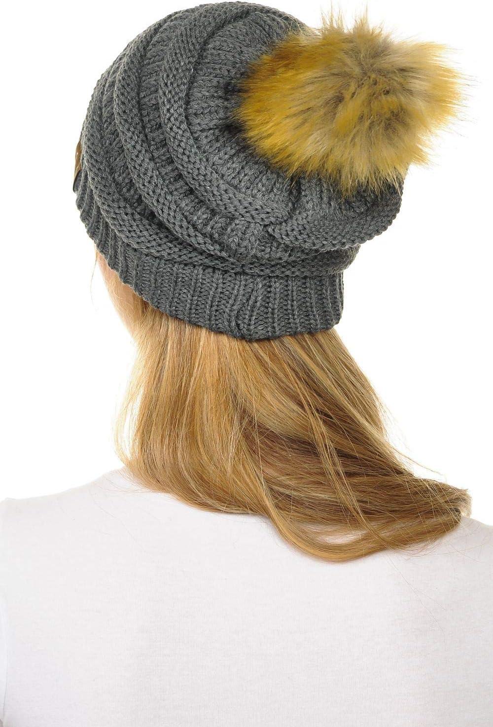 imageCC Hat43 Thick Warm Cap Hat Skully Faux Fur Pom Pom Cable Knit Beanie 2 PackDark Melange