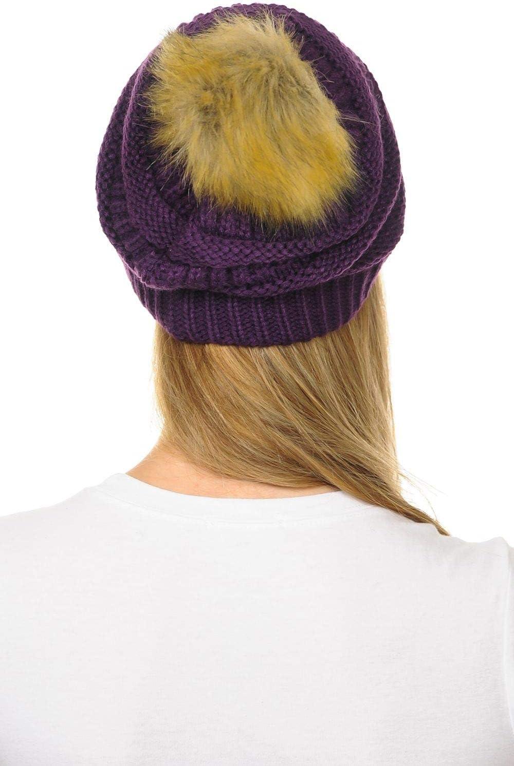 imageCC Hat43 Thick Warm Cap Hat Skully Faux Fur Pom Pom Cable Knit Beanie 2 PackDark Purple