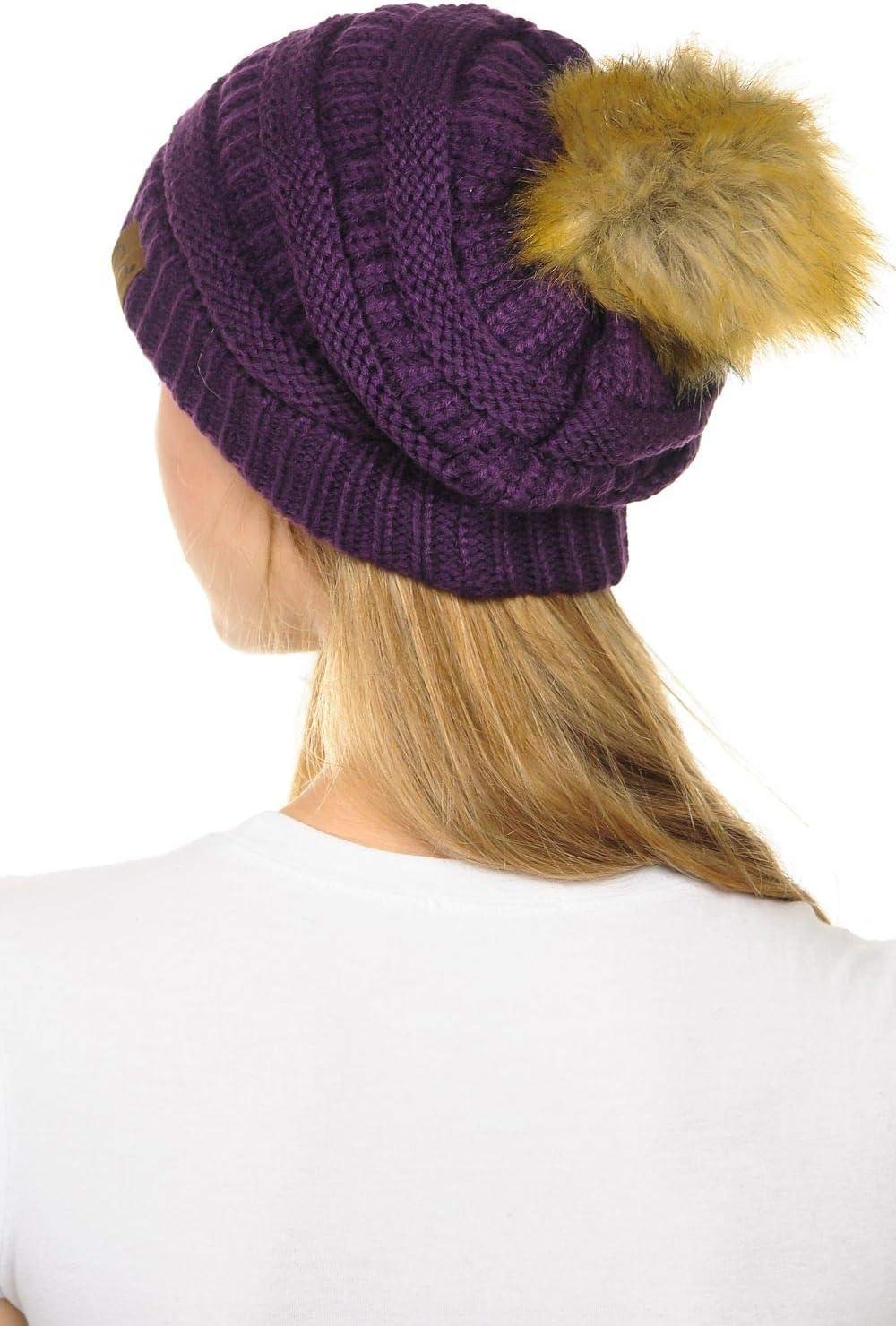 imageCC Hat43 Thick Warm Cap Hat Skully Faux Fur Pom Pom Cable Knit Beanie 2 PackDark Purple