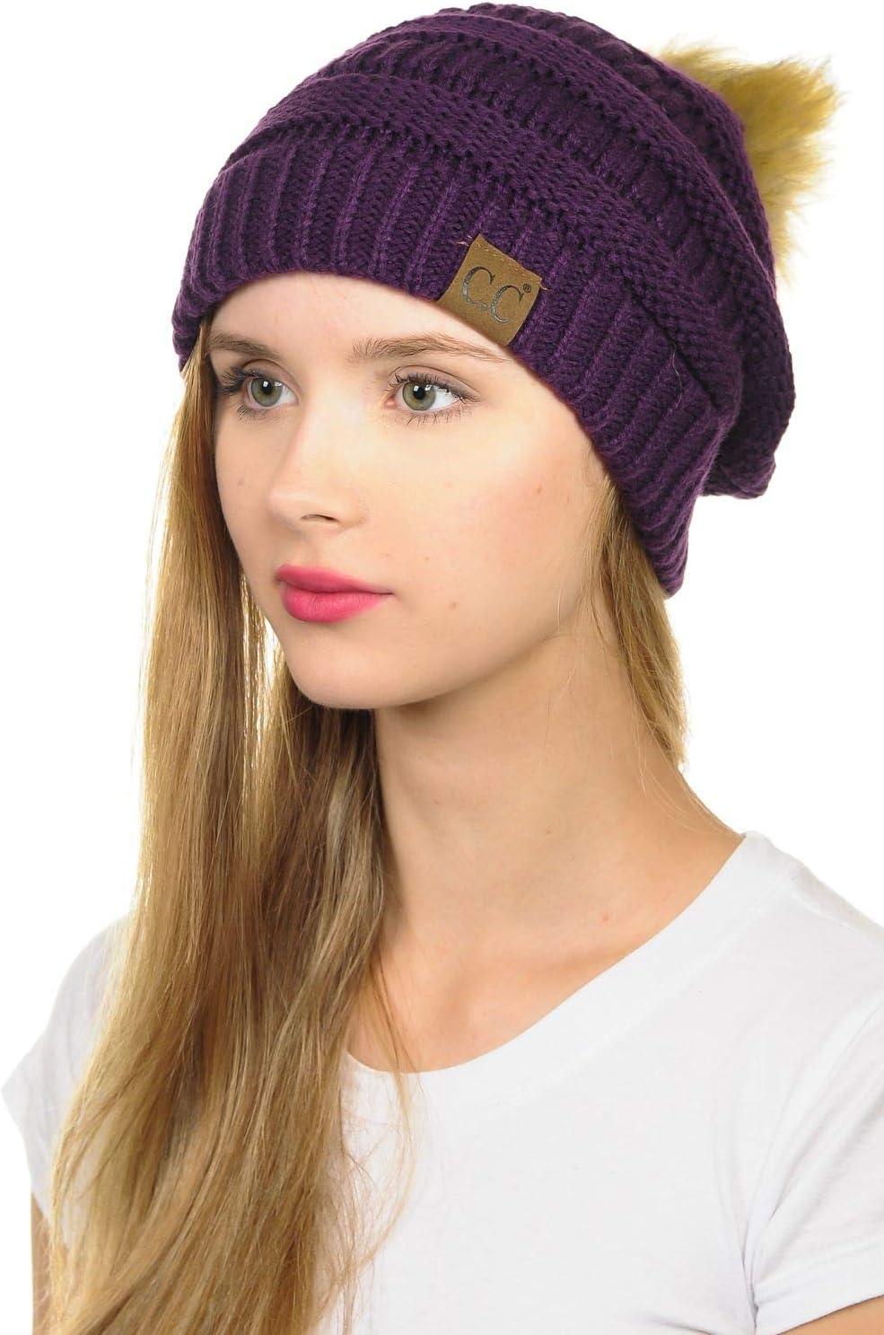 imageCC Hat43 Thick Warm Cap Hat Skully Faux Fur Pom Pom Cable Knit Beanie 2 PackDark Purple