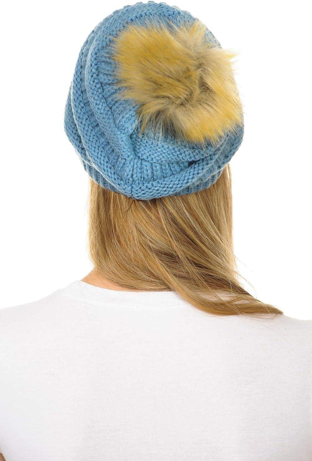 imageCC Hat43 Thick Warm Cap Hat Skully Faux Fur Pom Pom Cable Knit Beanie 2 PackDenim