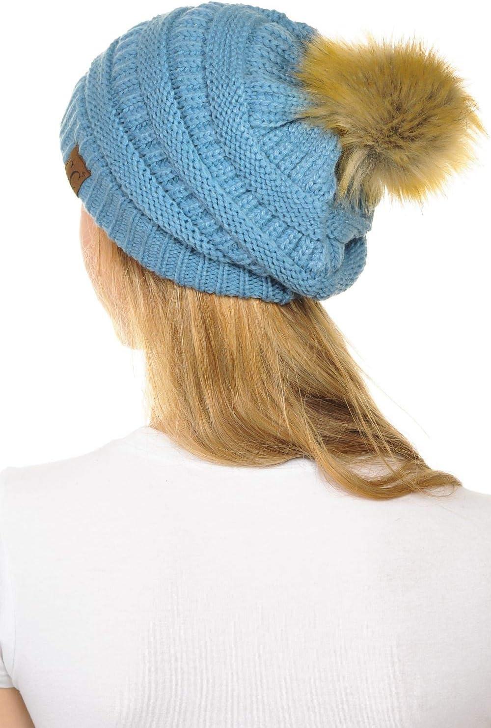imageCC Hat43 Thick Warm Cap Hat Skully Faux Fur Pom Pom Cable Knit Beanie 2 PackDenim