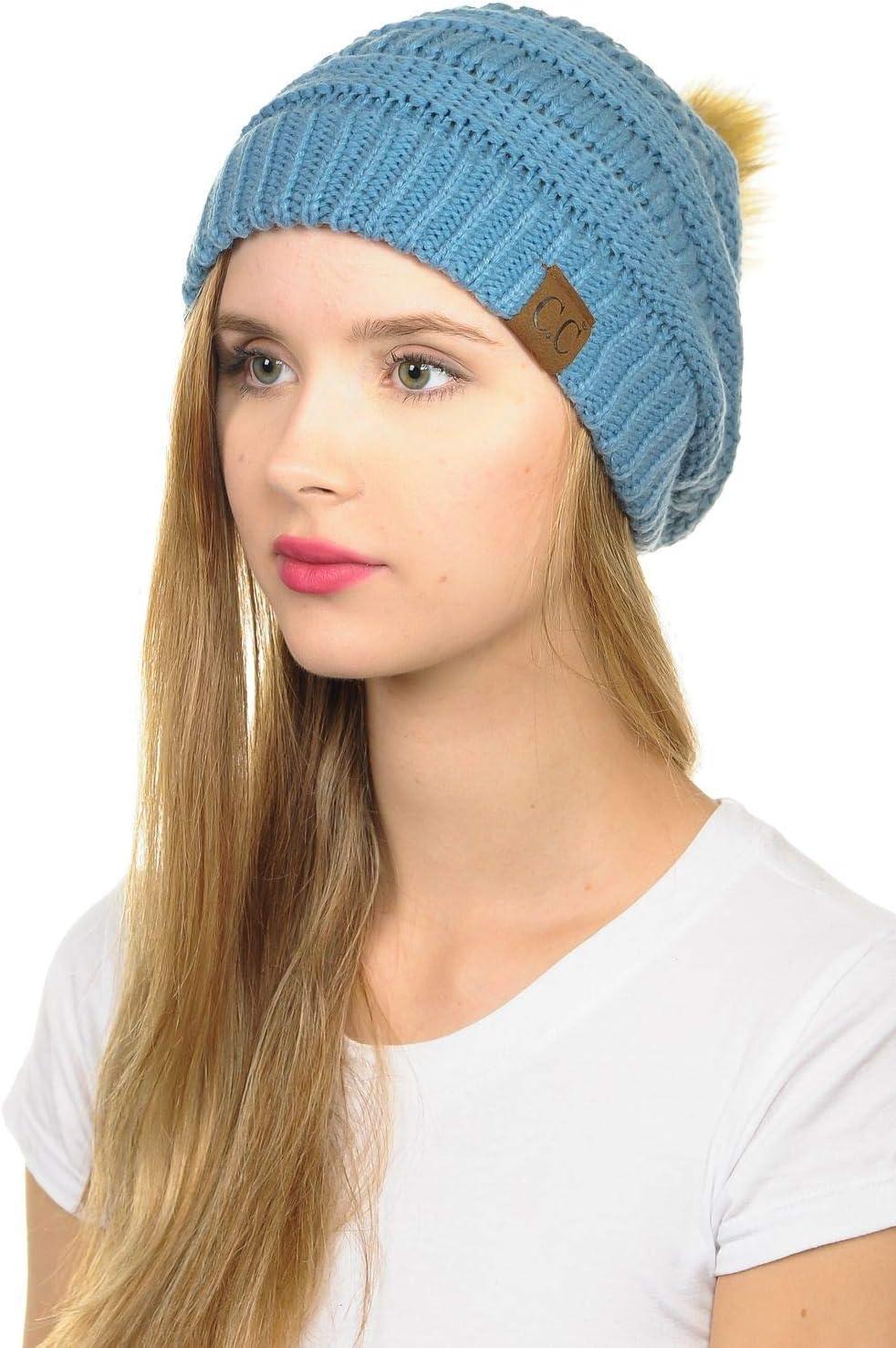 imageCC Hat43 Thick Warm Cap Hat Skully Faux Fur Pom Pom Cable Knit Beanie 2 PackDenim