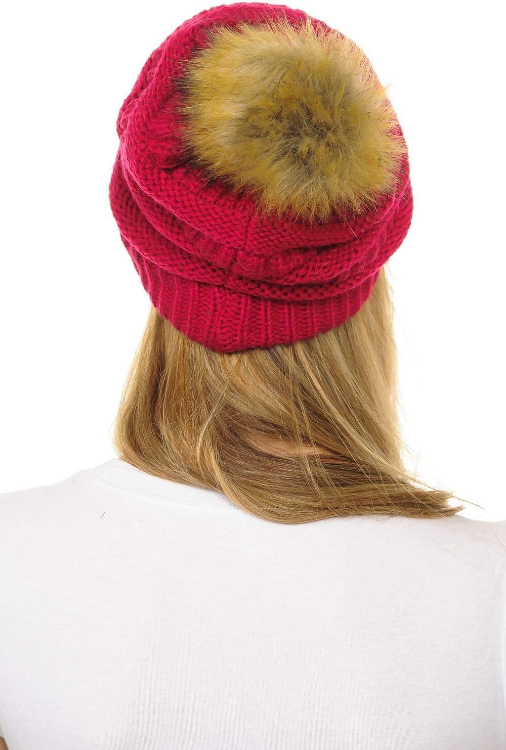 imageCC Hat43 Thick Warm Cap Hat Skully Faux Fur Pom Pom Cable Knit Beanie 2 PackHot Pink