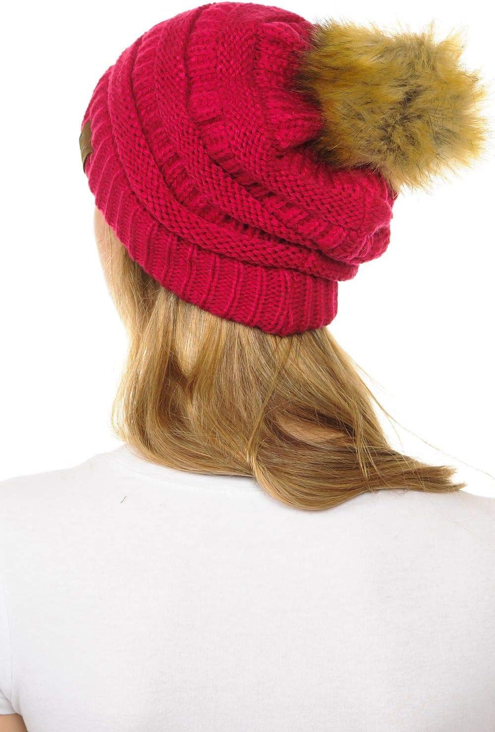 imageCC Hat43 Thick Warm Cap Hat Skully Faux Fur Pom Pom Cable Knit Beanie 2 PackHot Pink