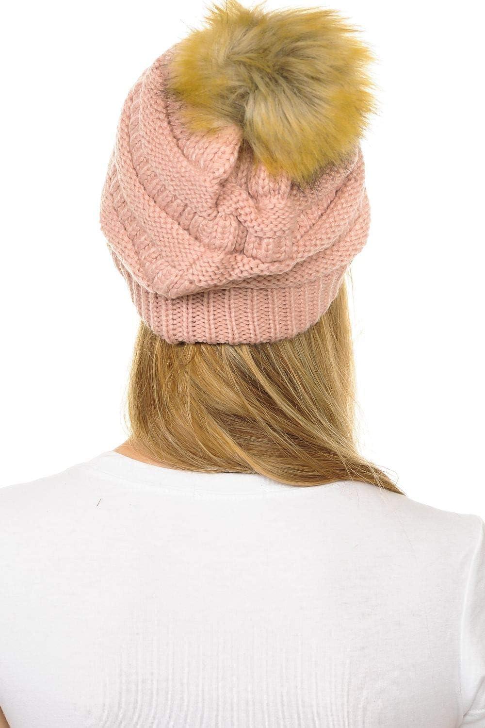 imageCC Hat43 Thick Warm Cap Hat Skully Faux Fur Pom Pom Cable Knit Beanie 2 PackIndi Pink