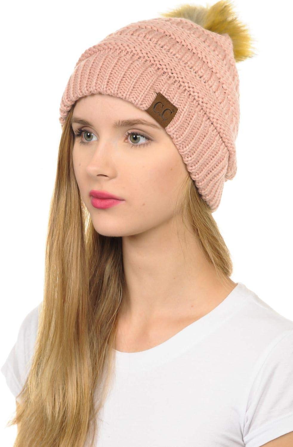 imageCC Hat43 Thick Warm Cap Hat Skully Faux Fur Pom Pom Cable Knit Beanie 2 PackIndi Pink