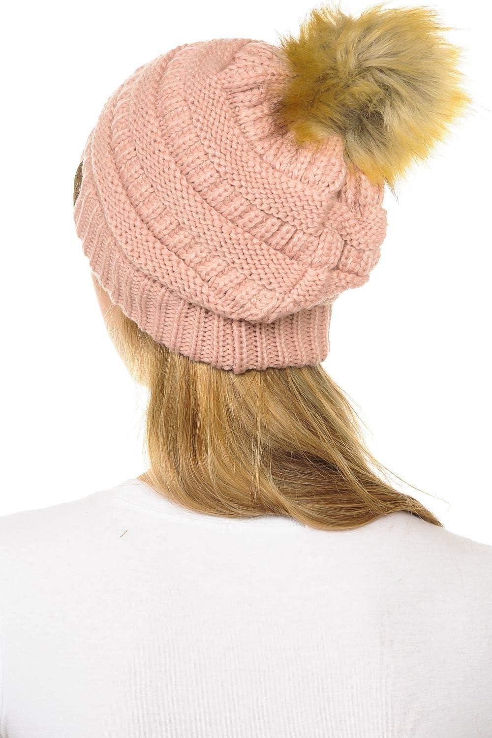 imageCC Hat43 Thick Warm Cap Hat Skully Faux Fur Pom Pom Cable Knit Beanie 2 PackIndi Pink