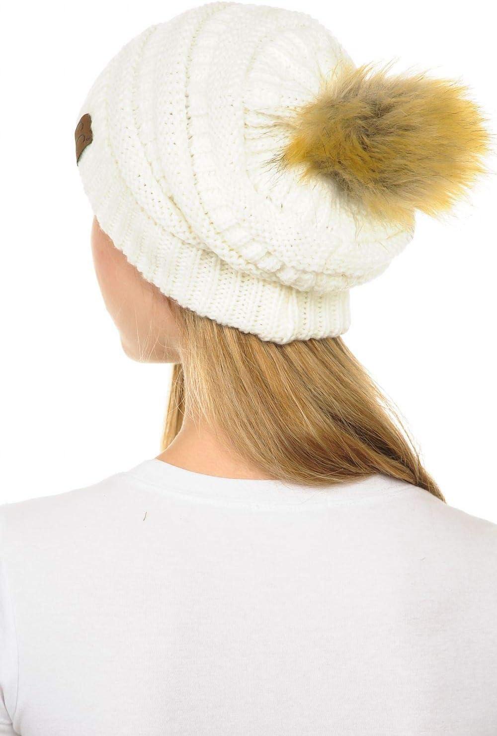 imageCC Hat43 Thick Warm Cap Hat Skully Faux Fur Pom Pom Cable Knit Beanie 2 PackIvory