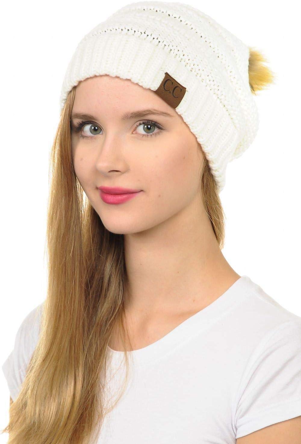 imageCC Hat43 Thick Warm Cap Hat Skully Faux Fur Pom Pom Cable Knit Beanie 2 PackIvory