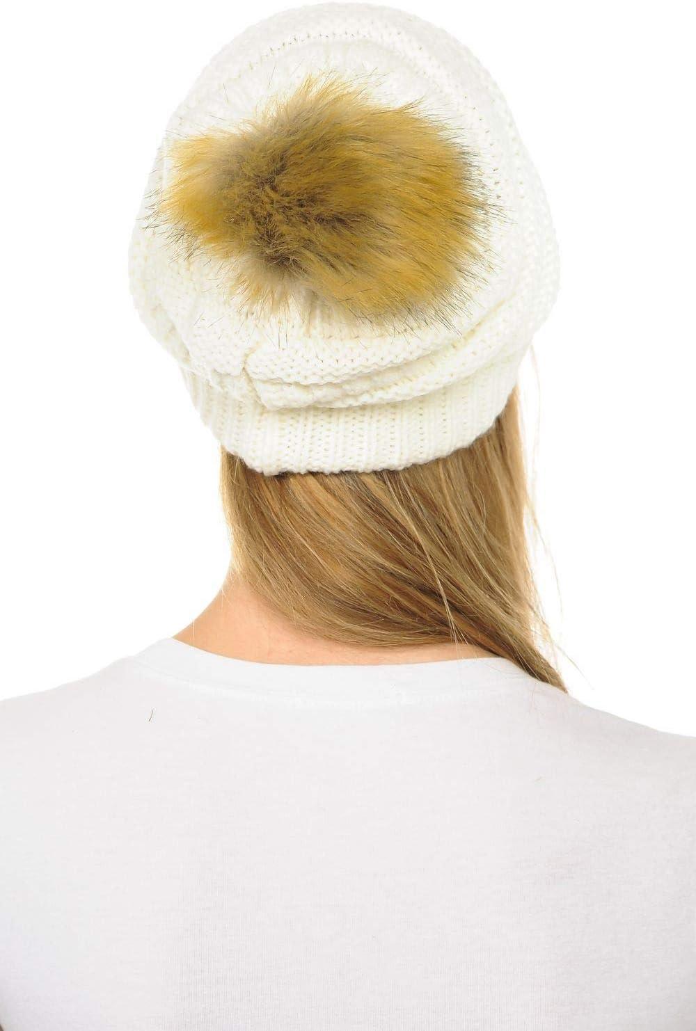 imageCC Hat43 Thick Warm Cap Hat Skully Faux Fur Pom Pom Cable Knit Beanie 2 PackIvory