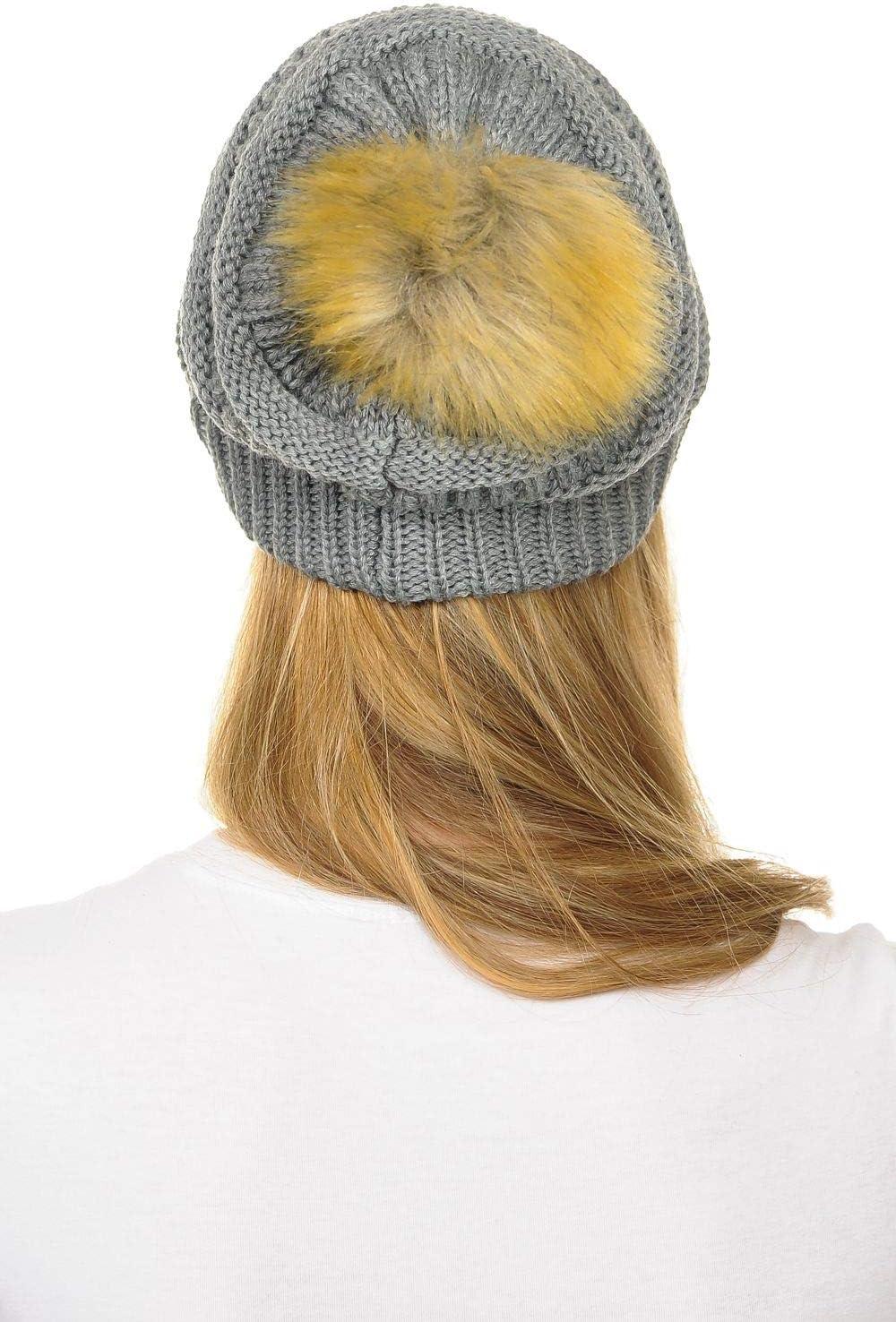 imageCC Hat43 Thick Warm Cap Hat Skully Faux Fur Pom Pom Cable Knit Beanie 2 PackLight Melange