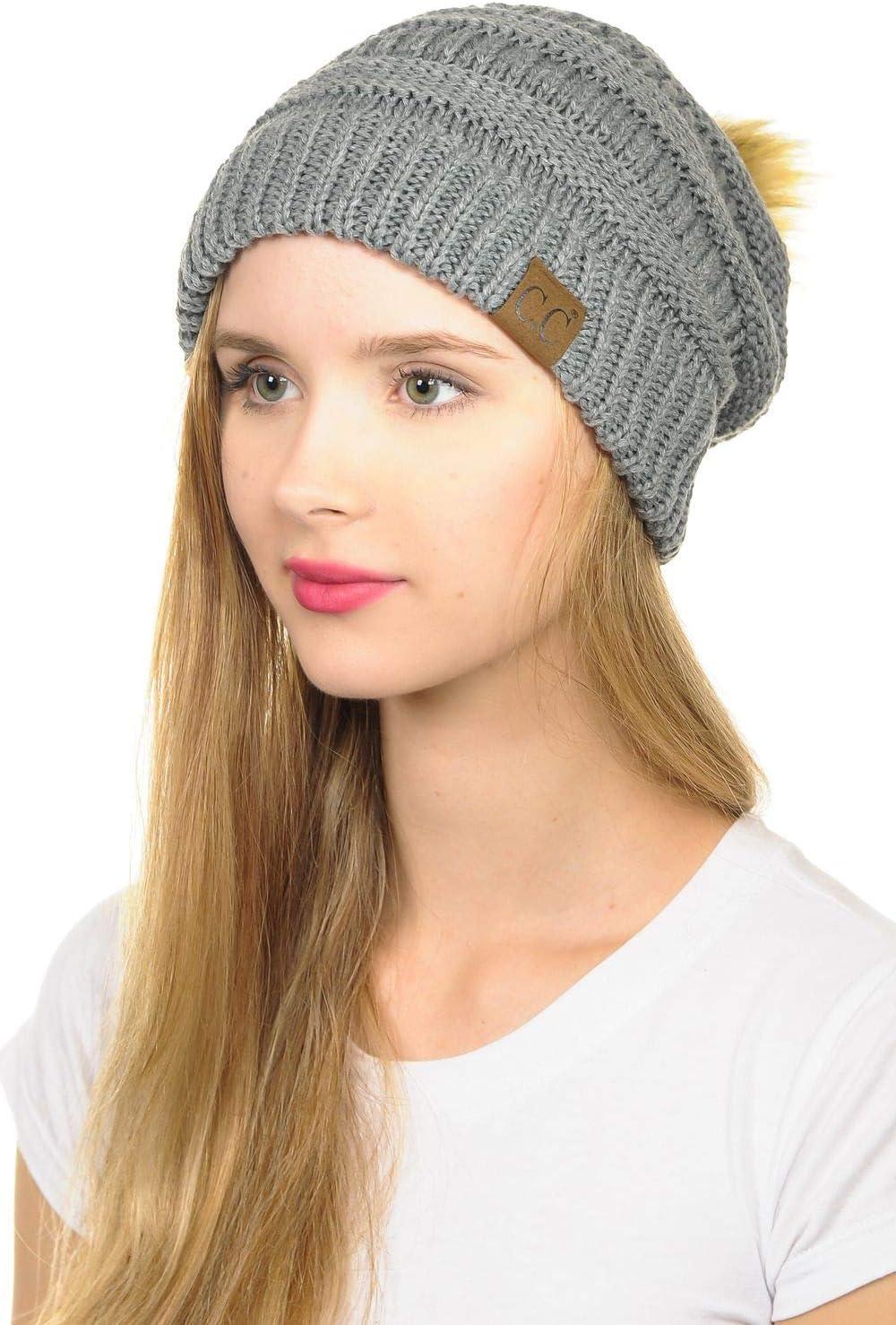 imageCC Hat43 Thick Warm Cap Hat Skully Faux Fur Pom Pom Cable Knit Beanie 2 PackLight Melange