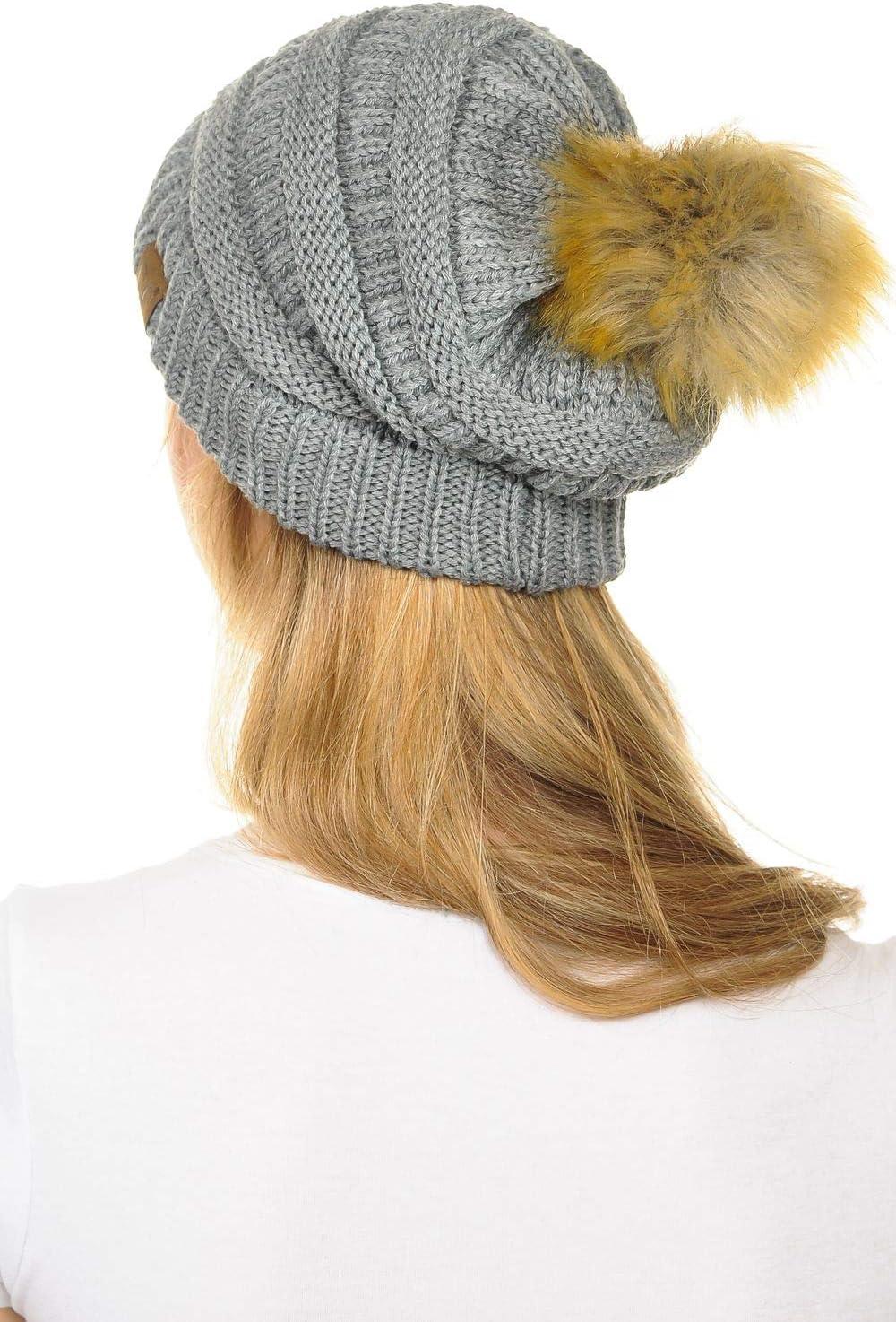 imageCC Hat43 Thick Warm Cap Hat Skully Faux Fur Pom Pom Cable Knit Beanie 2 PackLight Melange