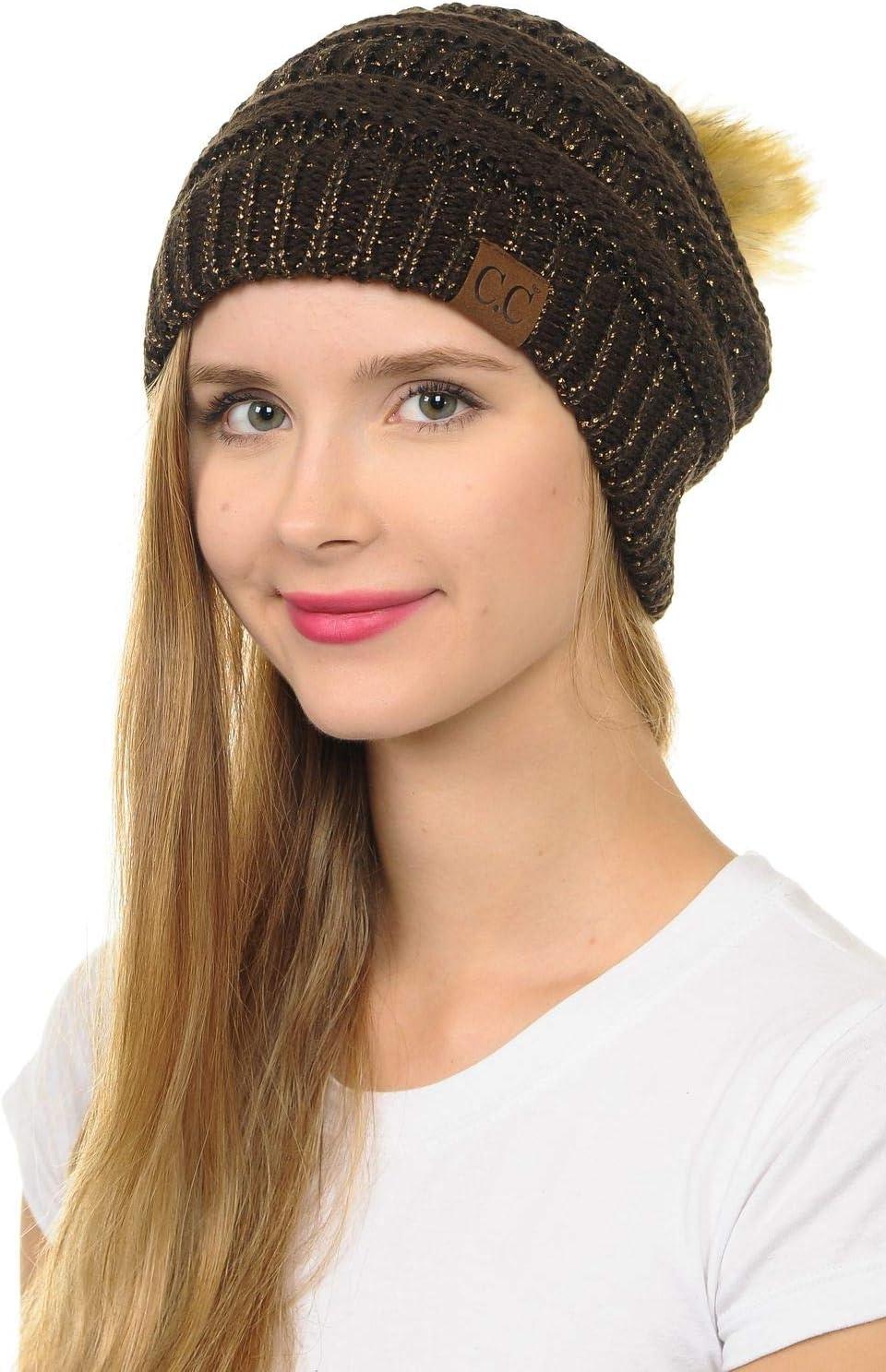 imageCC Hat43 Thick Warm Cap Hat Skully Faux Fur Pom Pom Cable Knit Beanie 2 PackMetallic Brown