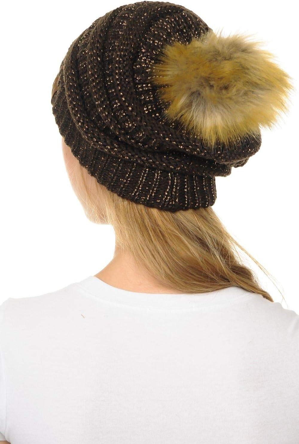imageCC Hat43 Thick Warm Cap Hat Skully Faux Fur Pom Pom Cable Knit Beanie 2 PackMetallic Brown