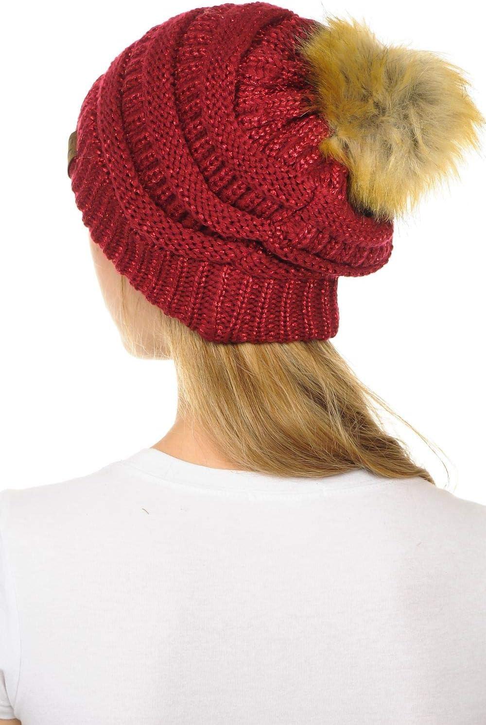 imageCC Hat43 Thick Warm Cap Hat Skully Faux Fur Pom Pom Cable Knit Beanie 2 PackMetallic Burgundy