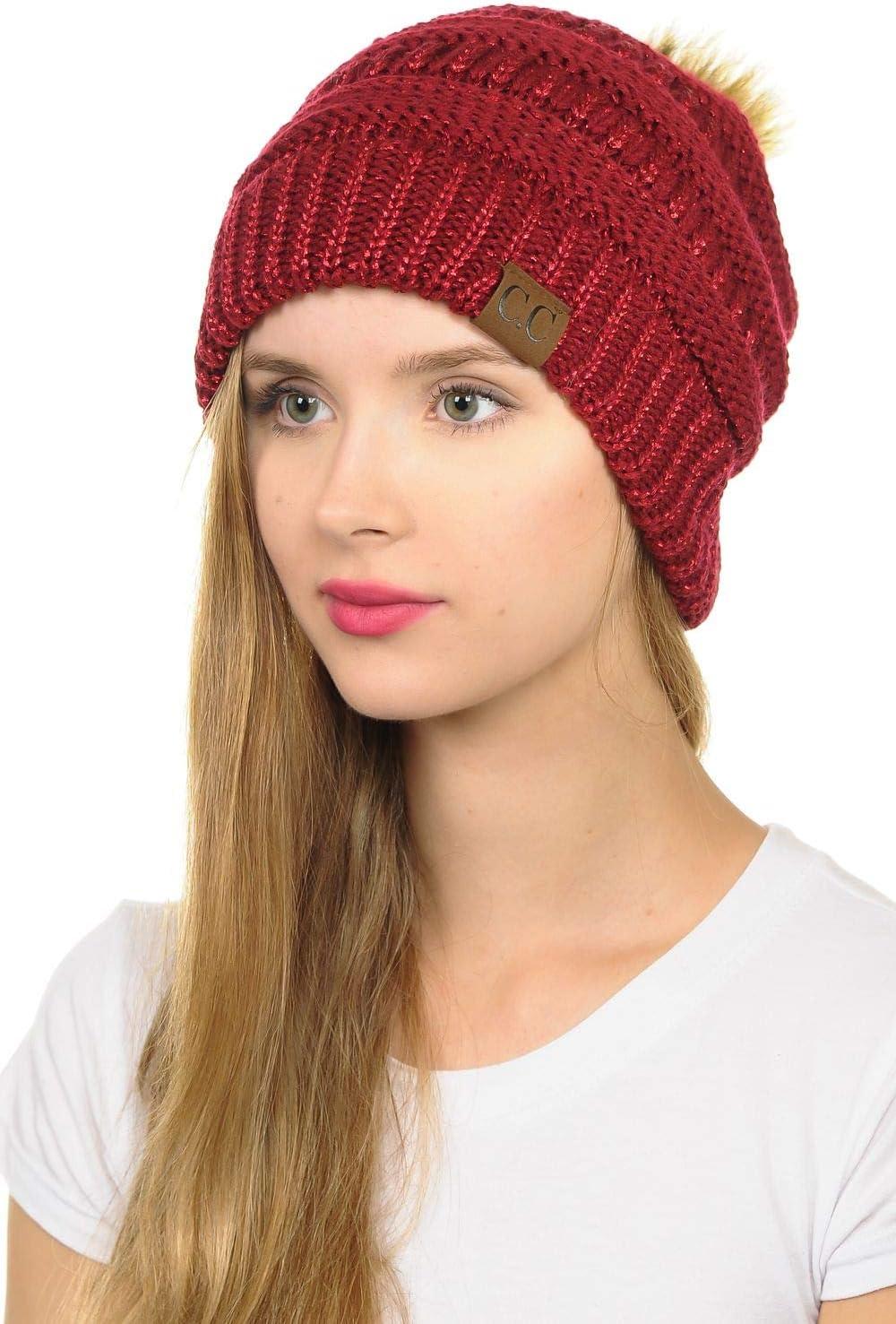 imageCC Hat43 Thick Warm Cap Hat Skully Faux Fur Pom Pom Cable Knit Beanie 2 PackMetallic Burgundy