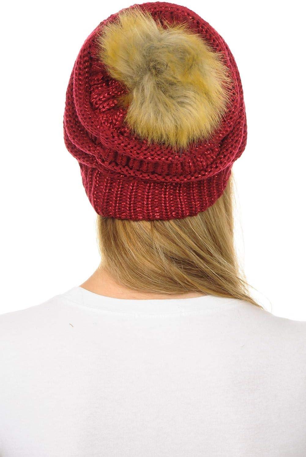 imageCC Hat43 Thick Warm Cap Hat Skully Faux Fur Pom Pom Cable Knit Beanie 2 PackMetallic Burgundy