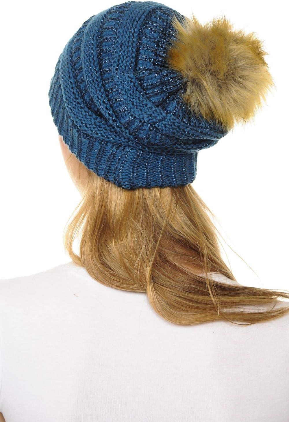 imageCC Hat43 Thick Warm Cap Hat Skully Faux Fur Pom Pom Cable Knit Beanie 2 PackMetallic Dark Denim