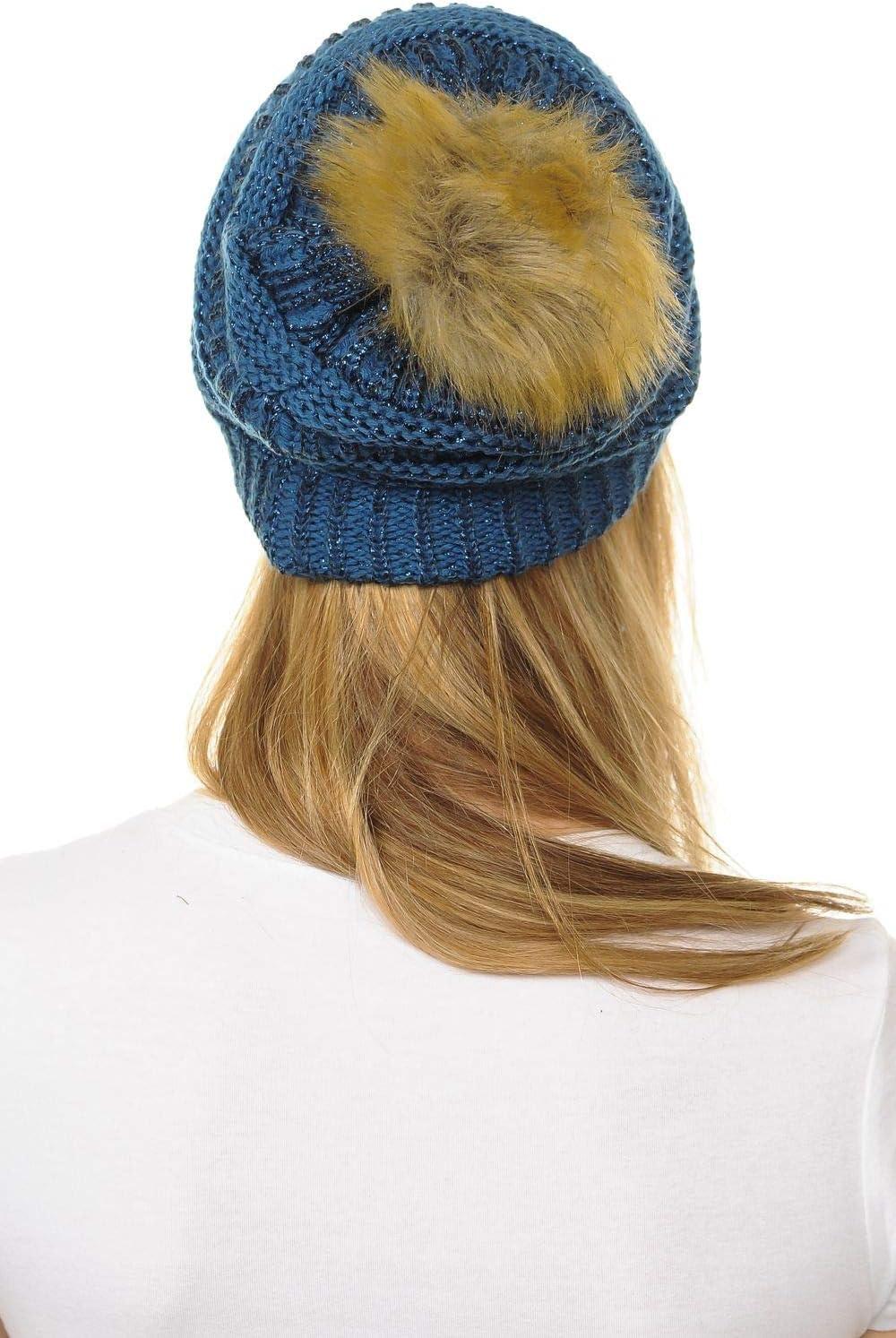 imageCC Hat43 Thick Warm Cap Hat Skully Faux Fur Pom Pom Cable Knit Beanie 2 PackMetallic Dark Denim
