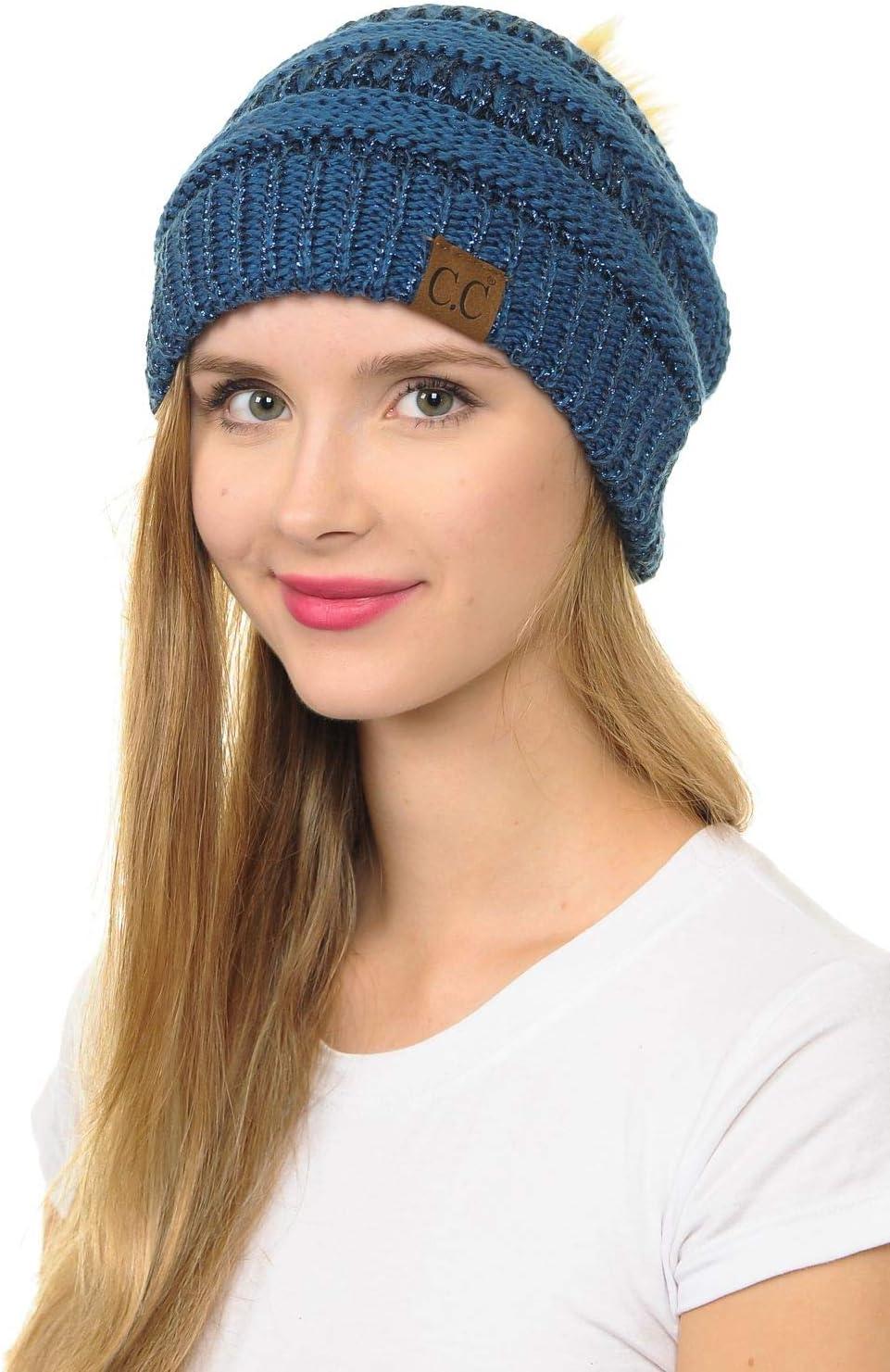 imageCC Hat43 Thick Warm Cap Hat Skully Faux Fur Pom Pom Cable Knit Beanie 2 PackMetallic Dark Denim