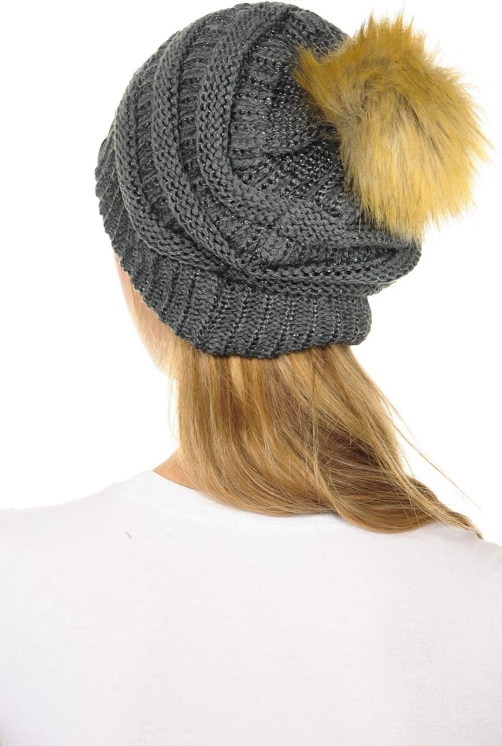 imageCC Hat43 Thick Warm Cap Hat Skully Faux Fur Pom Pom Cable Knit Beanie 2 PackMetallic Dark Melange