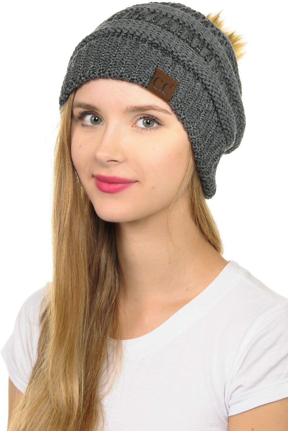imageCC Hat43 Thick Warm Cap Hat Skully Faux Fur Pom Pom Cable Knit Beanie 2 PackMetallic Dark Melange