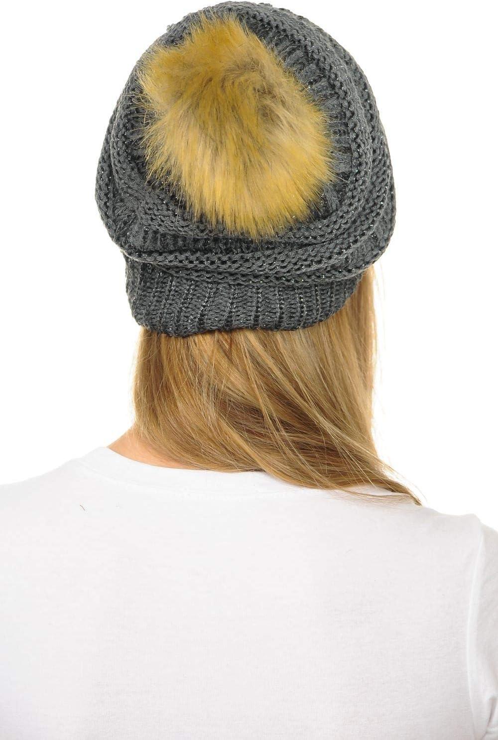 imageCC Hat43 Thick Warm Cap Hat Skully Faux Fur Pom Pom Cable Knit Beanie 2 PackMetallic Dark Melange