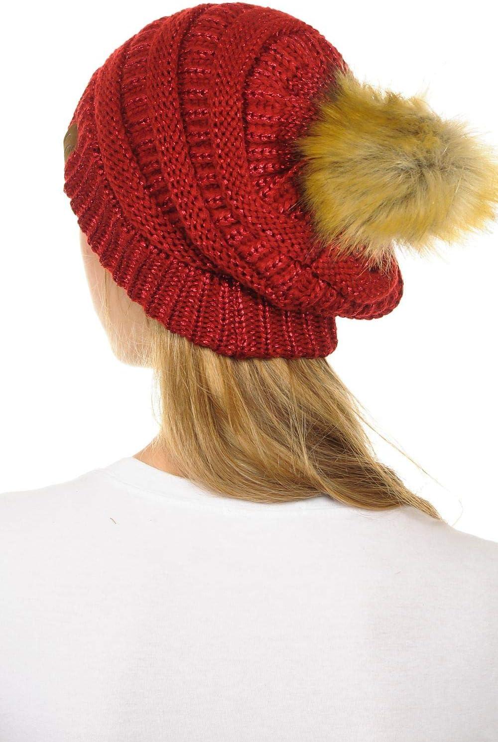 imageCC Hat43 Thick Warm Cap Hat Skully Faux Fur Pom Pom Cable Knit Beanie 2 PackMetallic Red