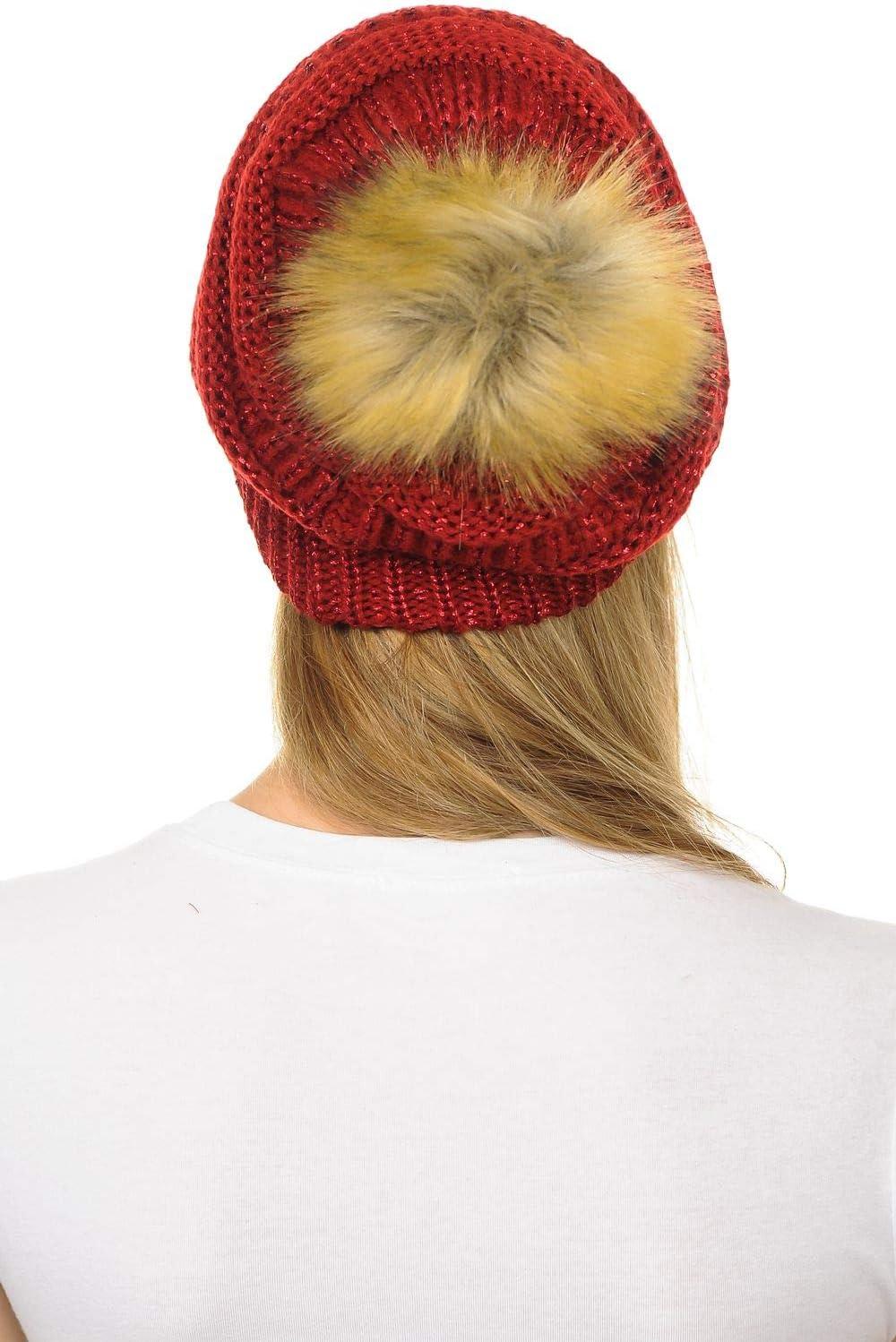 imageCC Hat43 Thick Warm Cap Hat Skully Faux Fur Pom Pom Cable Knit Beanie 2 PackMetallic Red