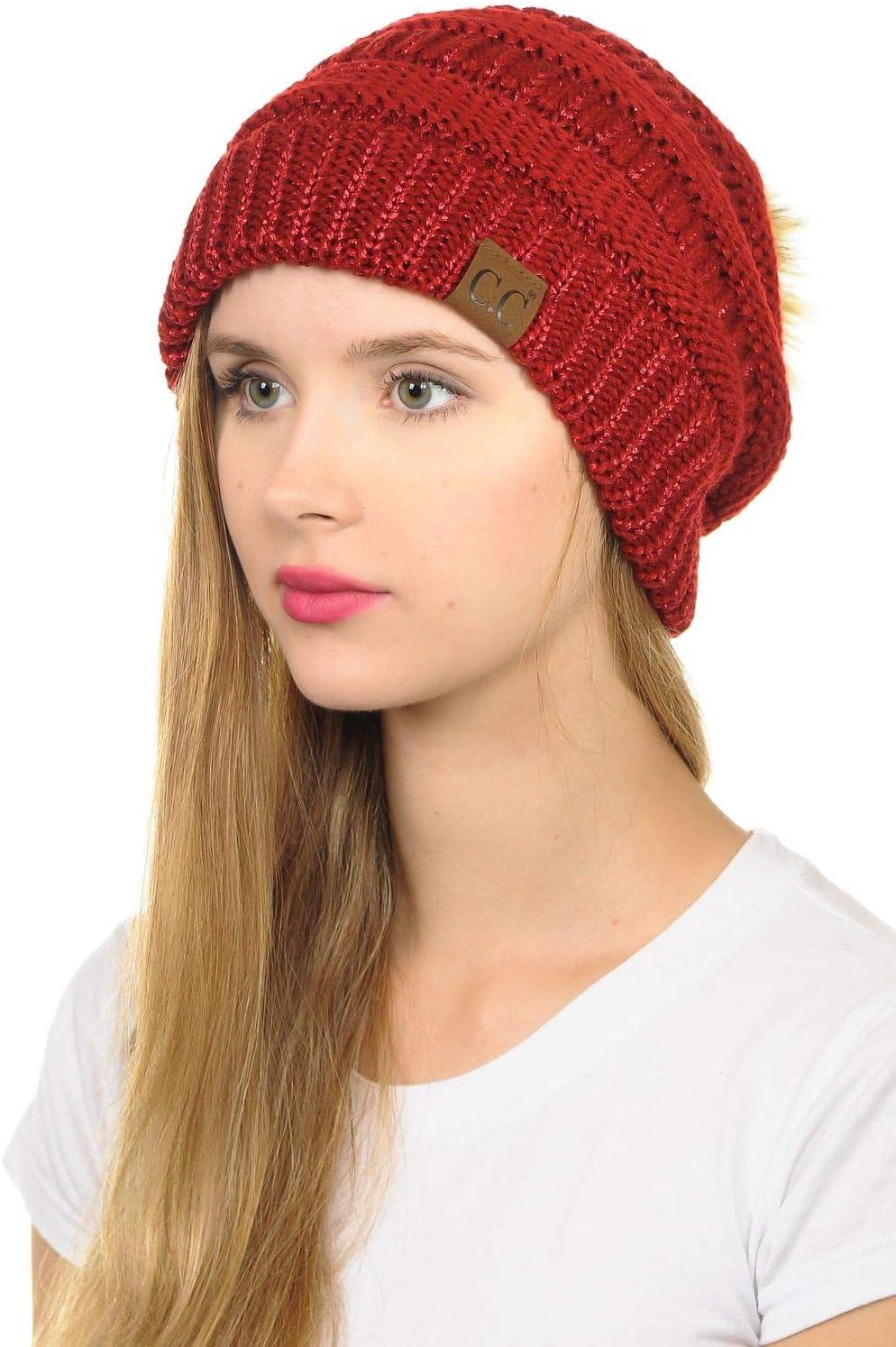 imageCC Hat43 Thick Warm Cap Hat Skully Faux Fur Pom Pom Cable Knit Beanie 2 PackMetallic Red