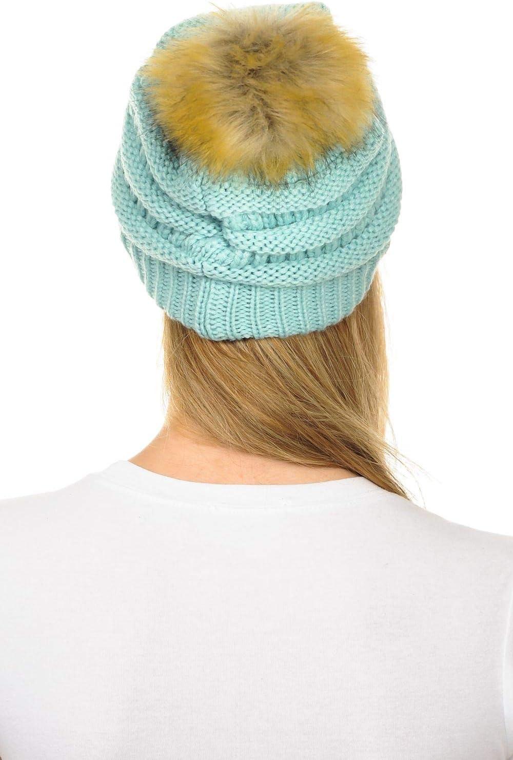 imageCC Hat43 Thick Warm Cap Hat Skully Faux Fur Pom Pom Cable Knit Beanie 2 PackMint
