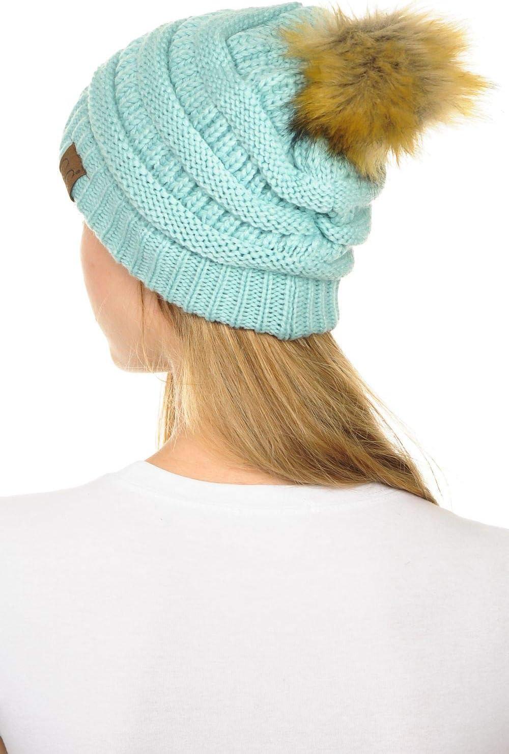 imageCC Hat43 Thick Warm Cap Hat Skully Faux Fur Pom Pom Cable Knit Beanie 2 PackMint