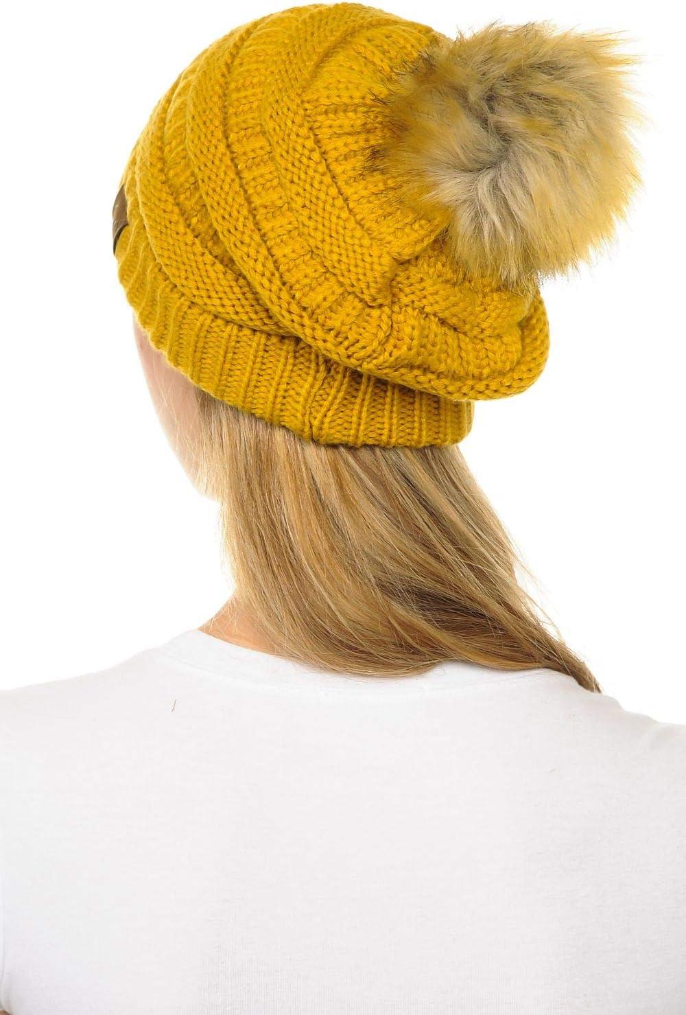 imageCC Hat43 Thick Warm Cap Hat Skully Faux Fur Pom Pom Cable Knit Beanie 2 PackMustard