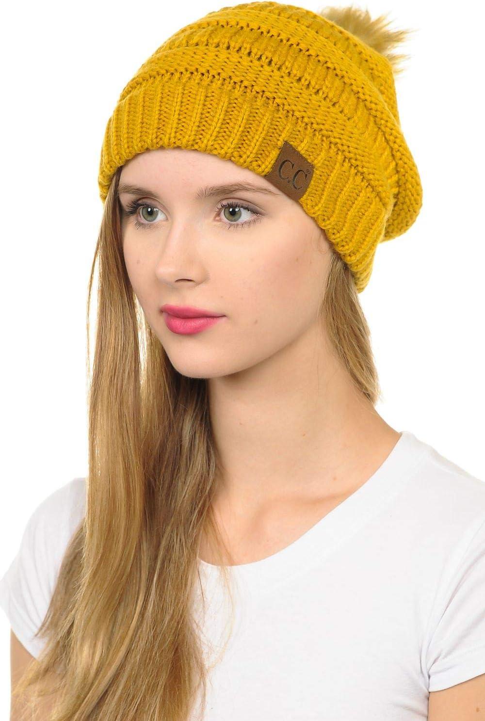 imageCC Hat43 Thick Warm Cap Hat Skully Faux Fur Pom Pom Cable Knit Beanie 2 PackMustard