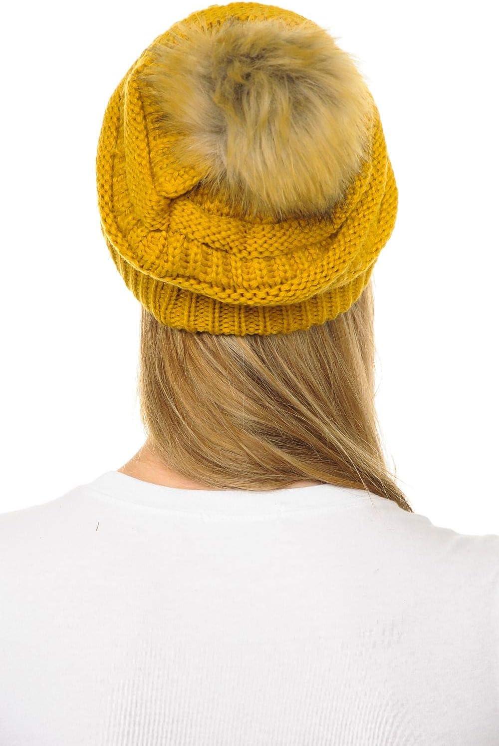 imageCC Hat43 Thick Warm Cap Hat Skully Faux Fur Pom Pom Cable Knit Beanie 2 PackMustard