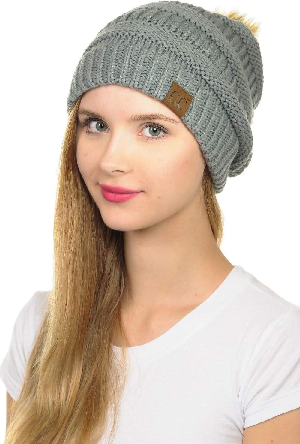 imageCC Hat43 Thick Warm Cap Hat Skully Faux Fur Pom Pom Cable Knit Beanie 2 PackNatural Grey
