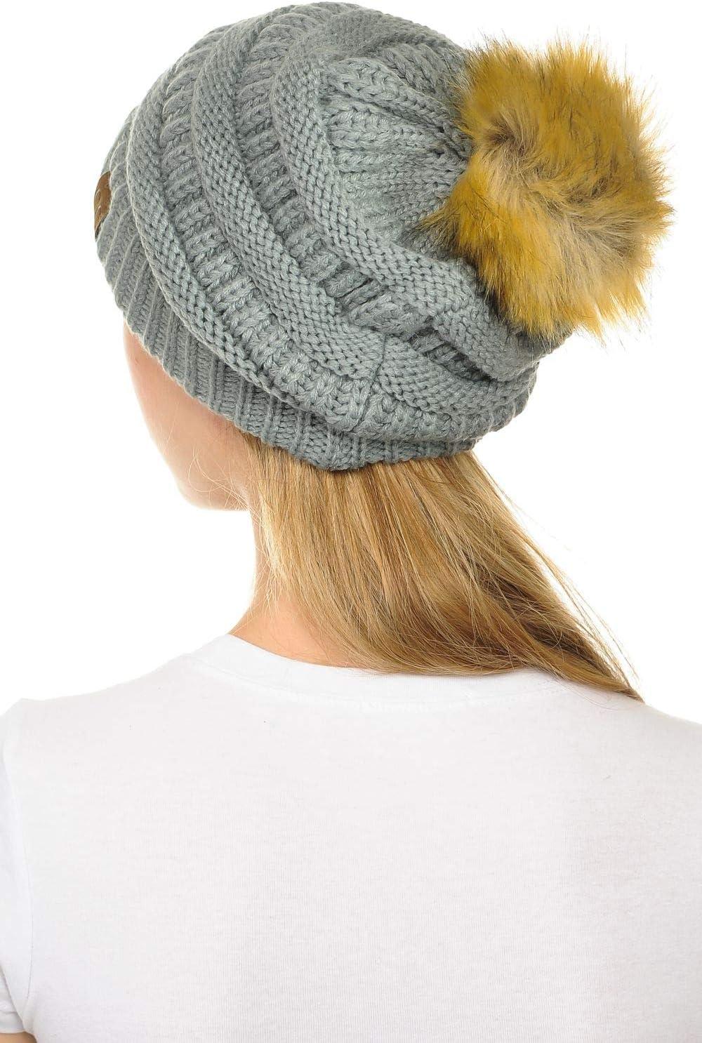 imageCC Hat43 Thick Warm Cap Hat Skully Faux Fur Pom Pom Cable Knit Beanie 2 PackNatural Grey
