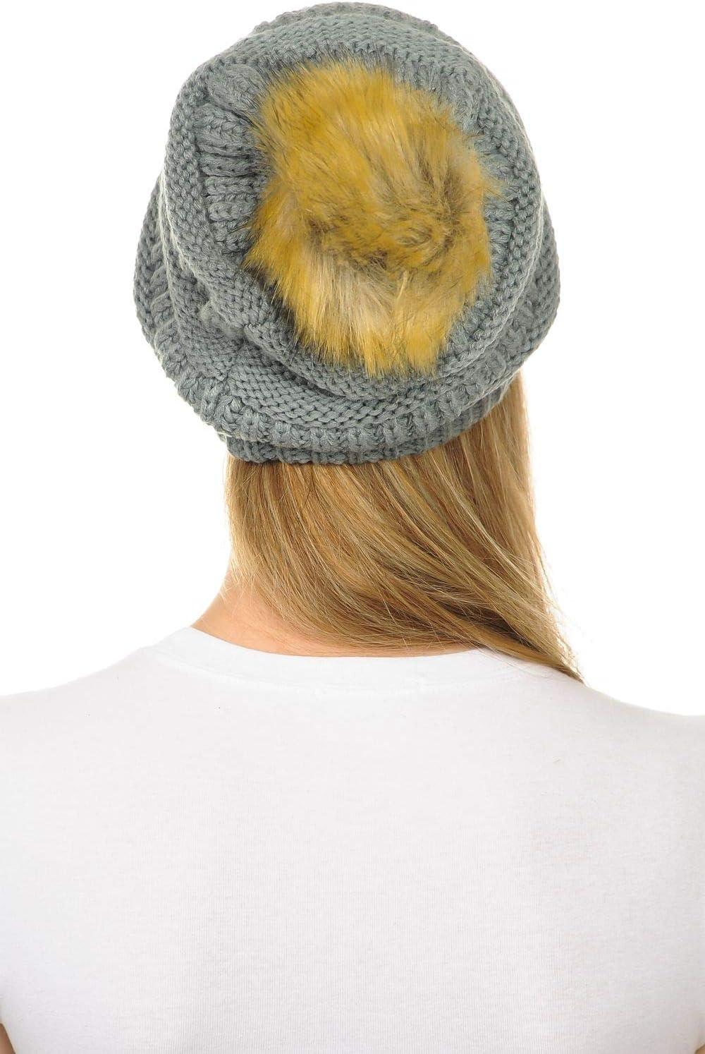 imageCC Hat43 Thick Warm Cap Hat Skully Faux Fur Pom Pom Cable Knit Beanie 2 PackNatural Grey