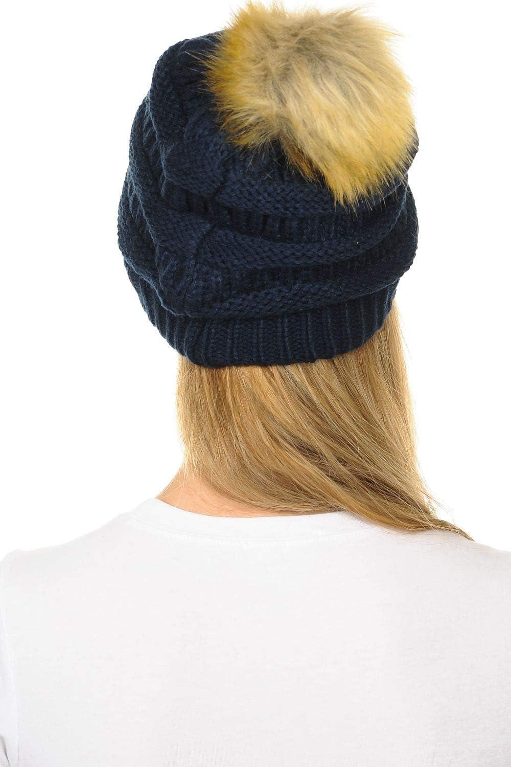 imageCC Hat43 Thick Warm Cap Hat Skully Faux Fur Pom Pom Cable Knit Beanie 2 PackNavy
