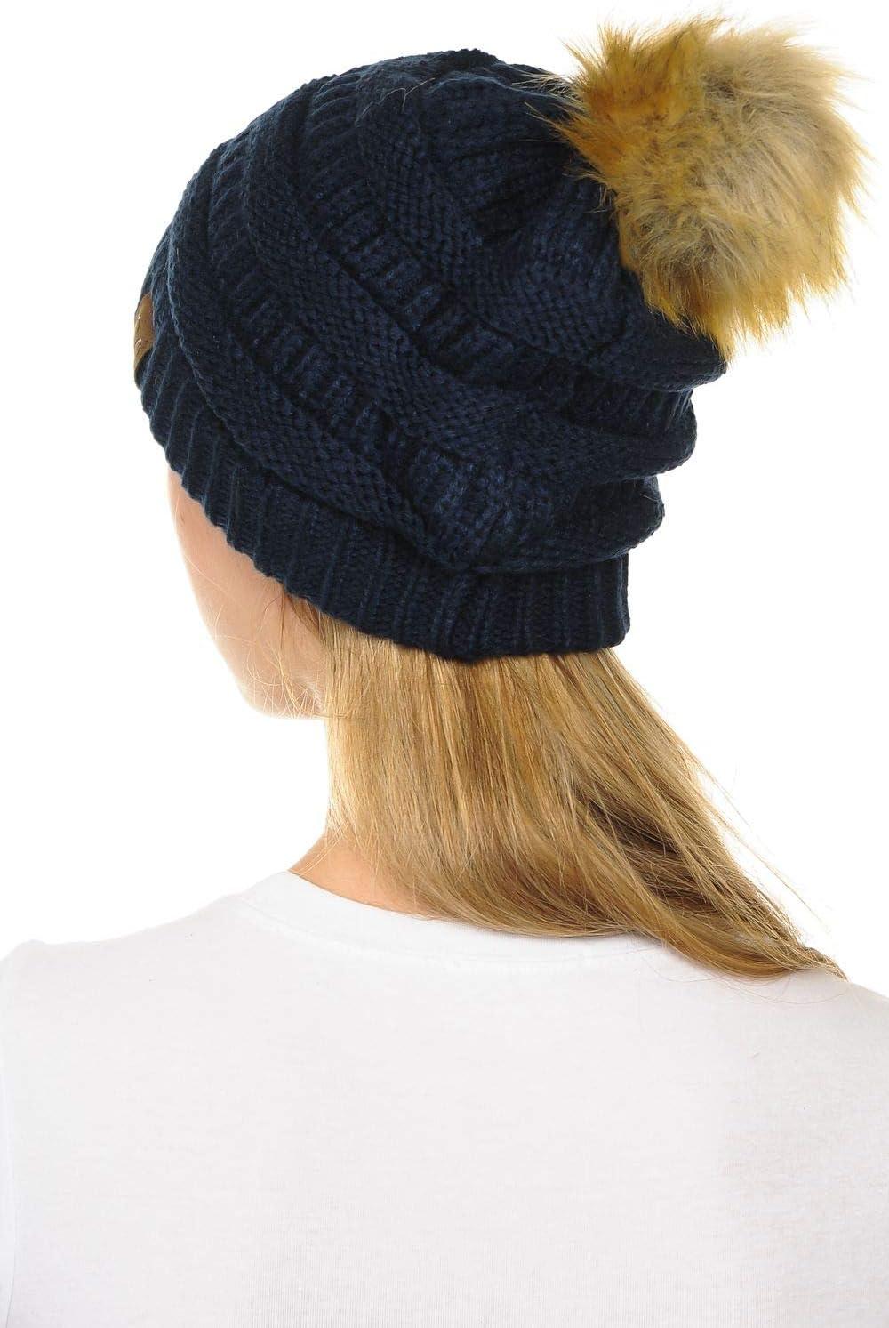imageCC Hat43 Thick Warm Cap Hat Skully Faux Fur Pom Pom Cable Knit Beanie 2 PackNavy