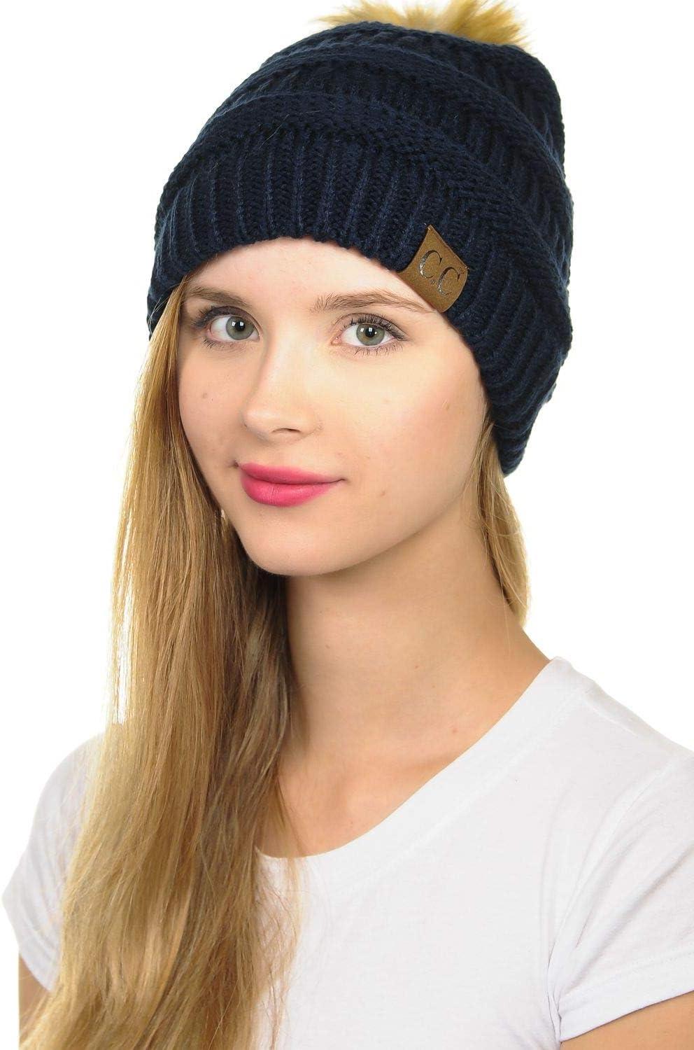 imageCC Hat43 Thick Warm Cap Hat Skully Faux Fur Pom Pom Cable Knit Beanie 2 PackNavy