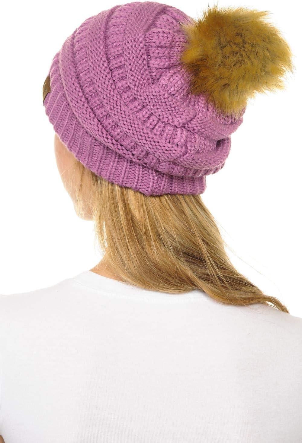 imageCC Hat43 Thick Warm Cap Hat Skully Faux Fur Pom Pom Cable Knit Beanie 2 PackNew Lavender
