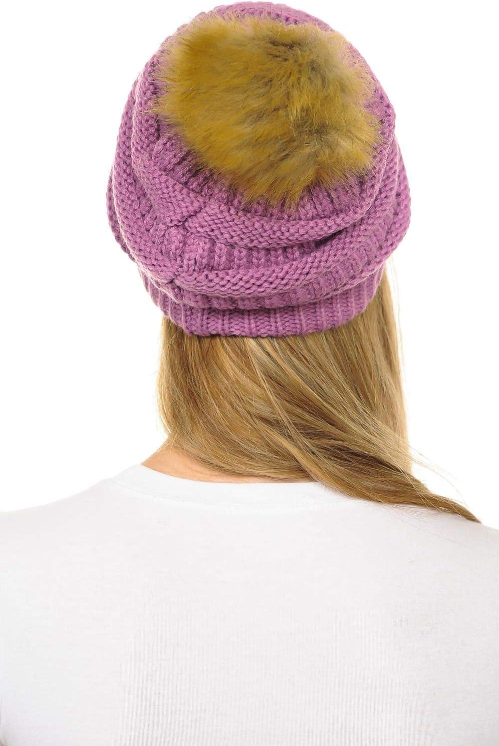 imageCC Hat43 Thick Warm Cap Hat Skully Faux Fur Pom Pom Cable Knit Beanie 2 PackNew Lavender